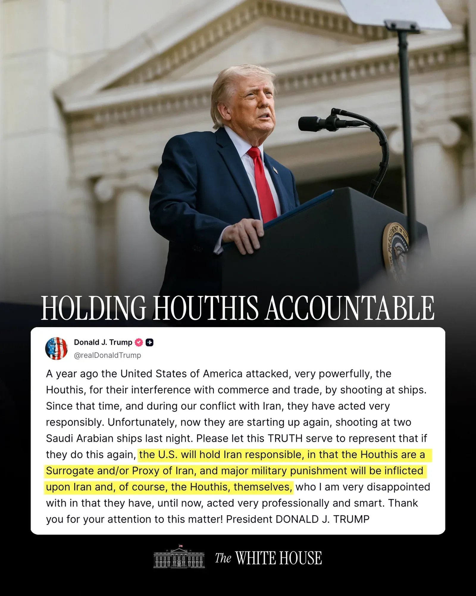 Trump Warns Iran of 'Major Military Punishment' Over Houthi Attacks