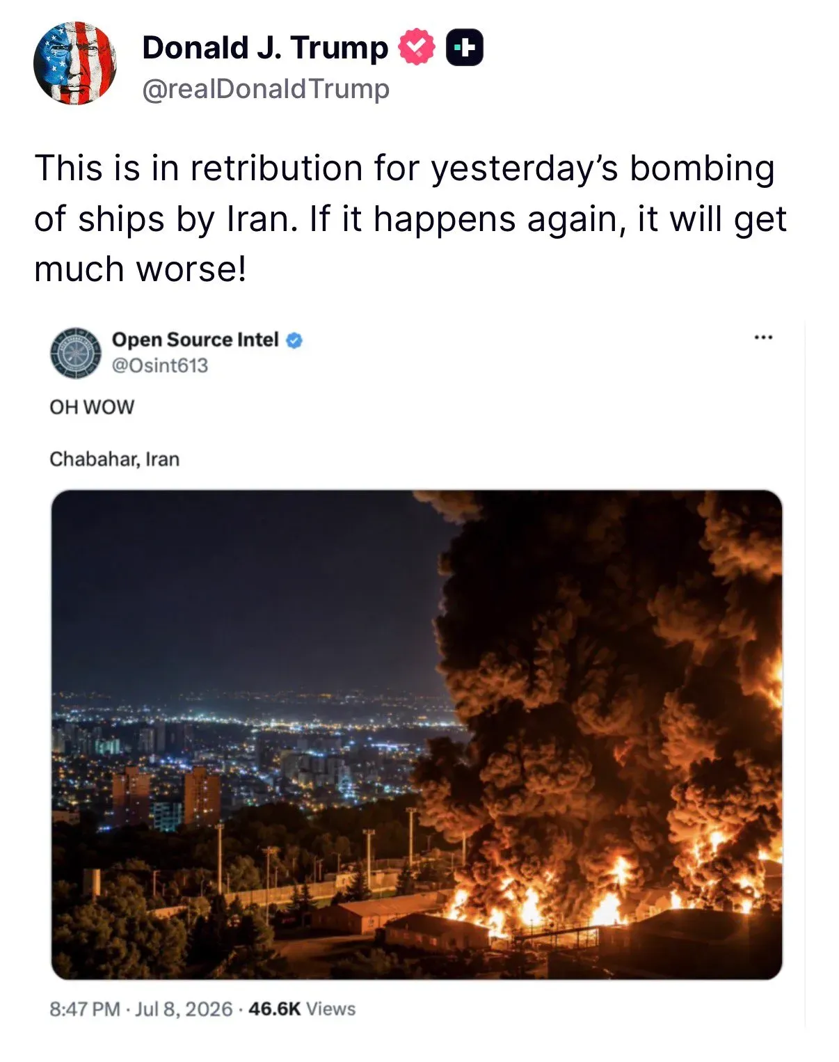 Trump Warns Iran of Worse Retaliation After Ship Bombings