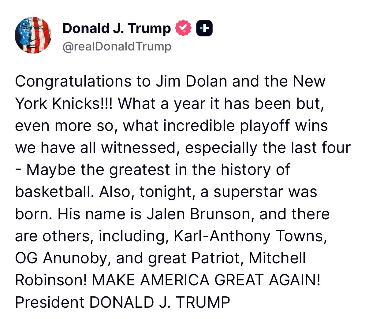 White House Congratulates Knicks Owner Jim Dolan on NBA Title