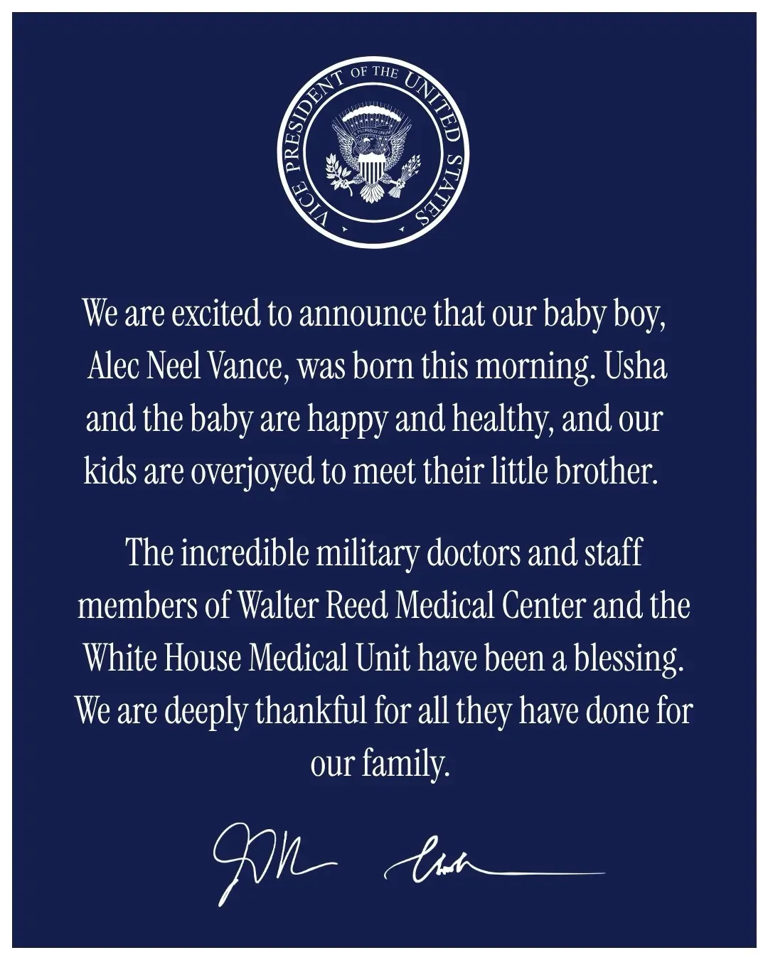 White House Congratulates VP JD Vance on Fourth Child
