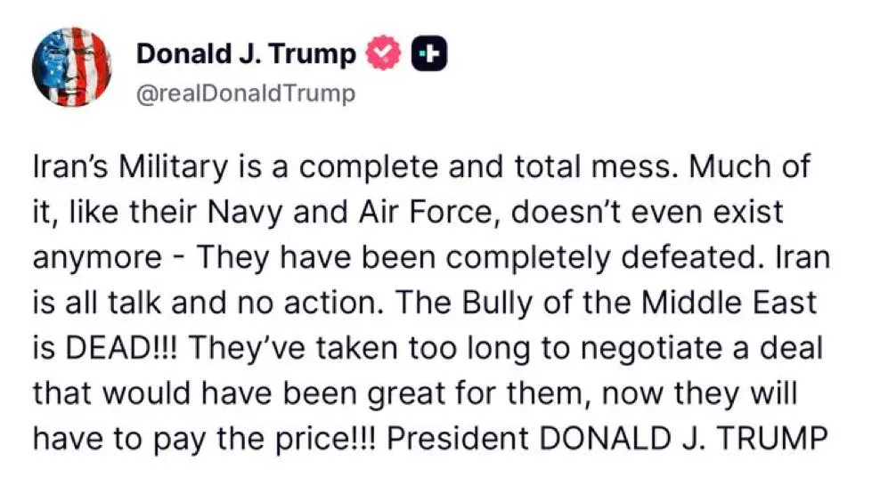 White House Declares Iran's Military 'Completely Defeated'