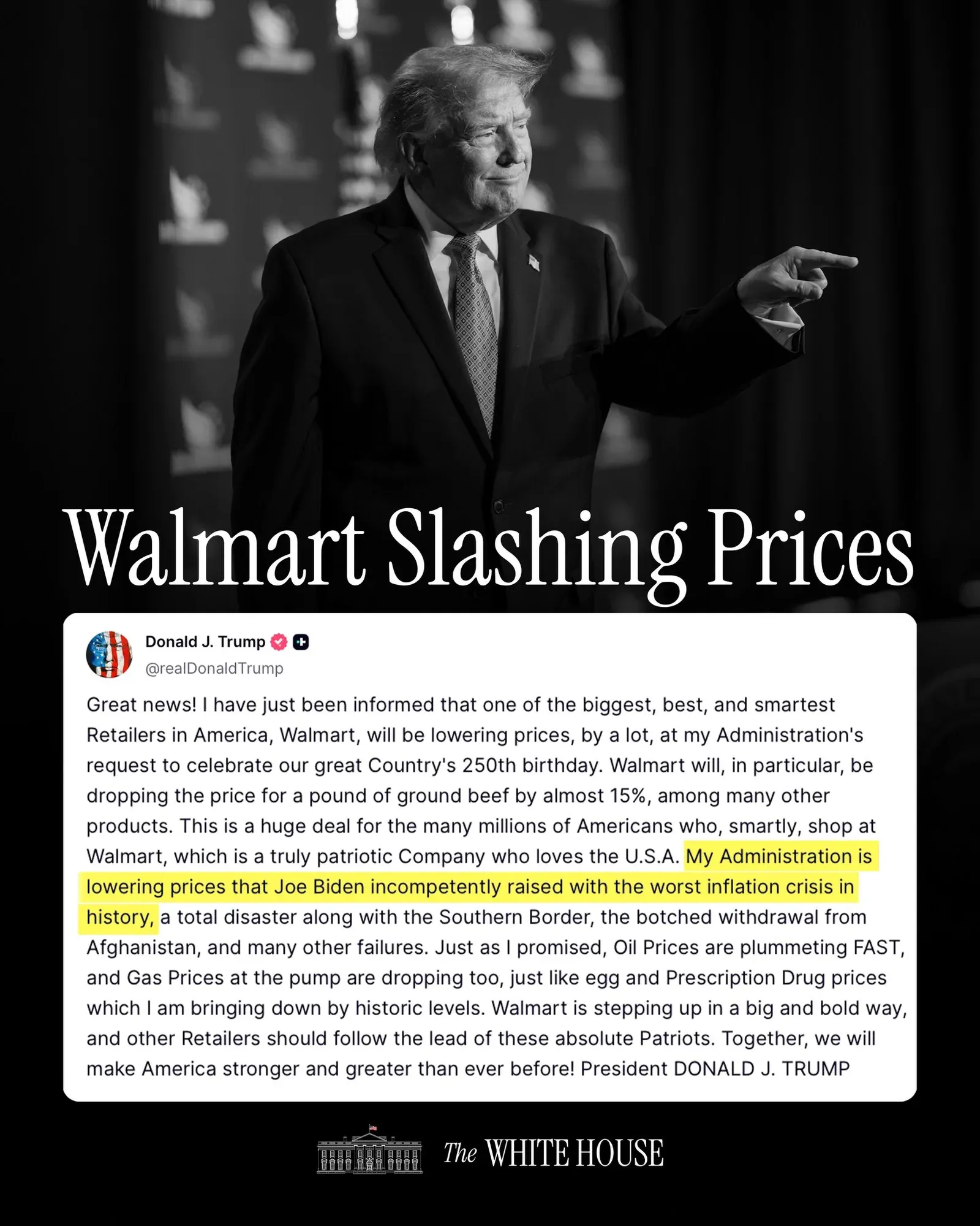 White House Says Walmart to Cut Prices Sharply